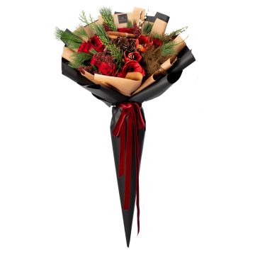 Buchet de flori cu amaryllis si trandafiri rosii  