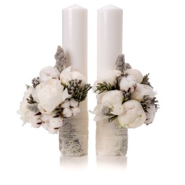 Short white peony wedding candles