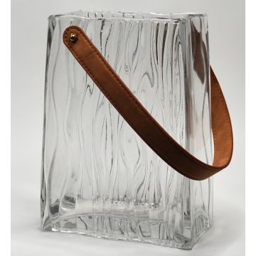 Vaza de sticla in forma de geanta transparenta cu maner din piele