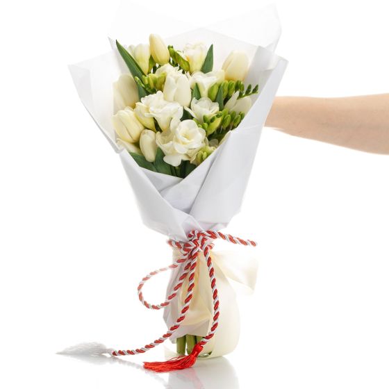 Bouquet with tulips and white martisor freesias