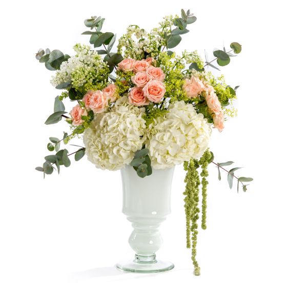 Aranjament floral de nunta din hortensie, minirosa, liliac