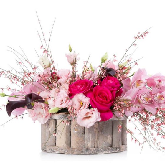 Aranjament floral in cos cu cymbidium si genista