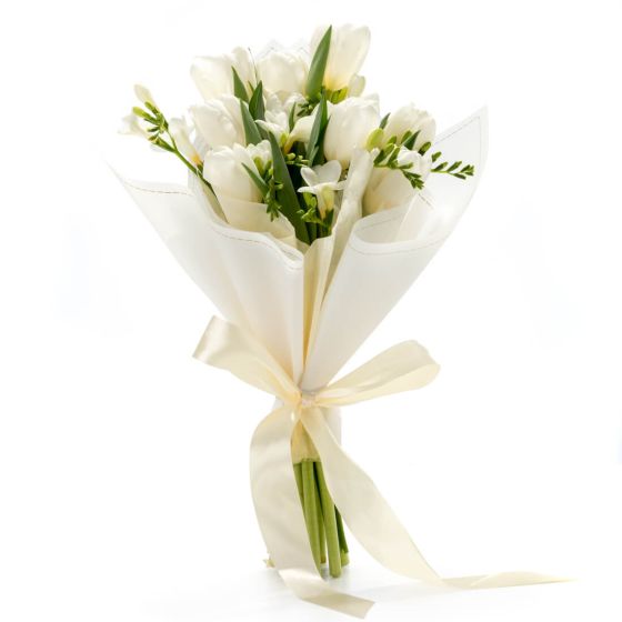 Bouquet with tulips and white freesias