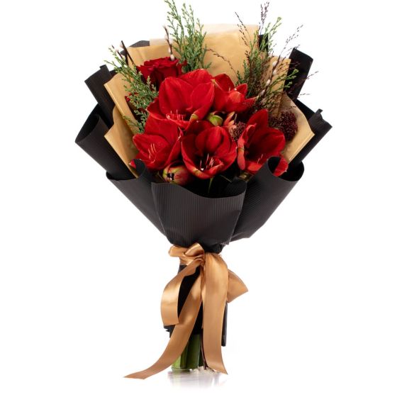 Bouquet of flowers with amaryllis and red roses
