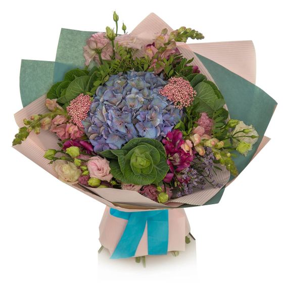Bouquet of hydrangea and pink antirrhinum flowers