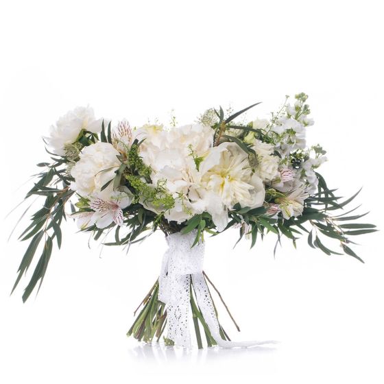 White hydrangea bridal bouquet and white peonies