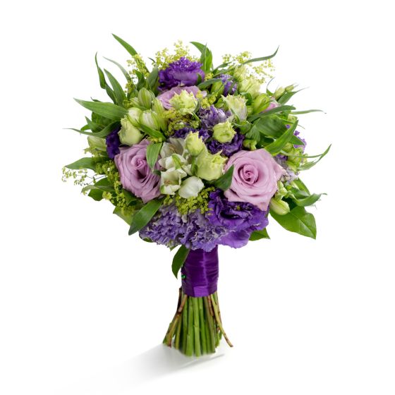 Bridal bouquet of roses and purple lisianthus