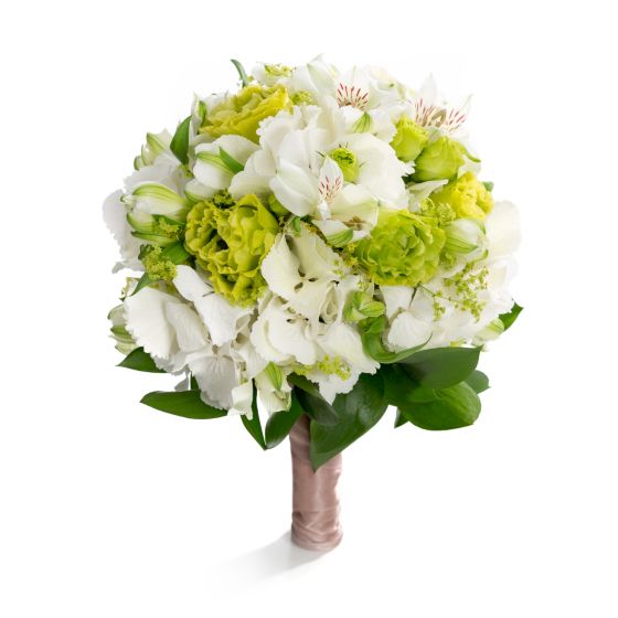 White hydrangea and green lisianthus bridal bouquet