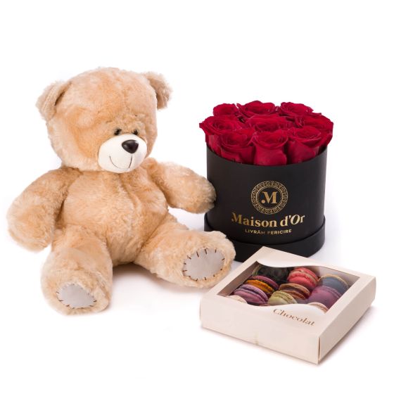 Box of 9 red roses, box of 12 macarons and teddy bear