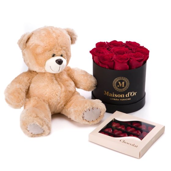Cutie cu 9 trandafiri rosii, Praline Inima, si ursulet  - Mini Valentine's Day