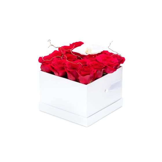 Box of red roses and white orchids