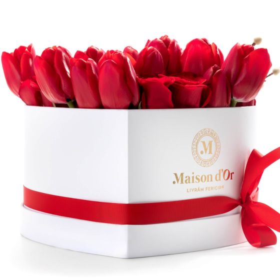 Heart box with roses and red tulips