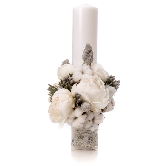 White peony baptism candle