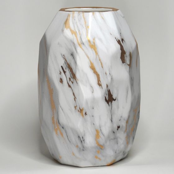 Vaza ceramica alba marmura cu insertii aurii si forme convexe