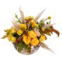 Floral arrangement in basket with craspedia and spray roses