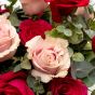 Floral arrangement in basket of pink roses, cyclamen, tomatoes