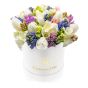 White box of hyacinths and tulips