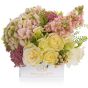 Box with hydrangea, matthiola and lisianthus