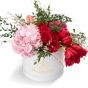 Cutie cu minirosa, trandafiri rosii si hortensie