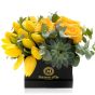 Square box with roses and yellow tulips