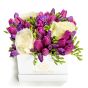 Box of freesias and purple tulips