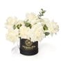 Box with 9 white roses and eucalyptus