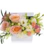 Box of roses and cream lisianthus