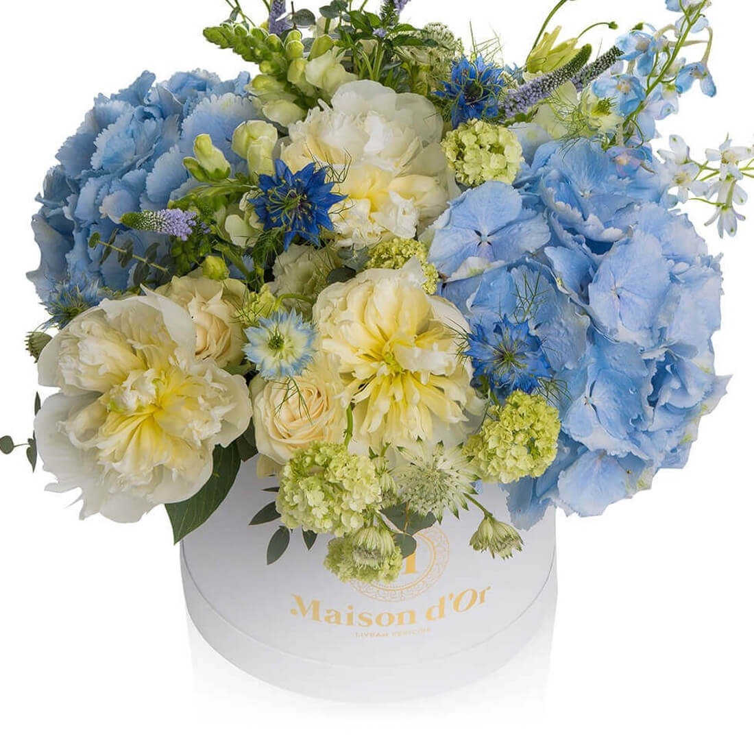 Colectia Desire-Cutie cu hortensie si Delphinium - Antirrhinum |Bujori|Hortensie|Lisianthus|Trandafiri|Viburnum