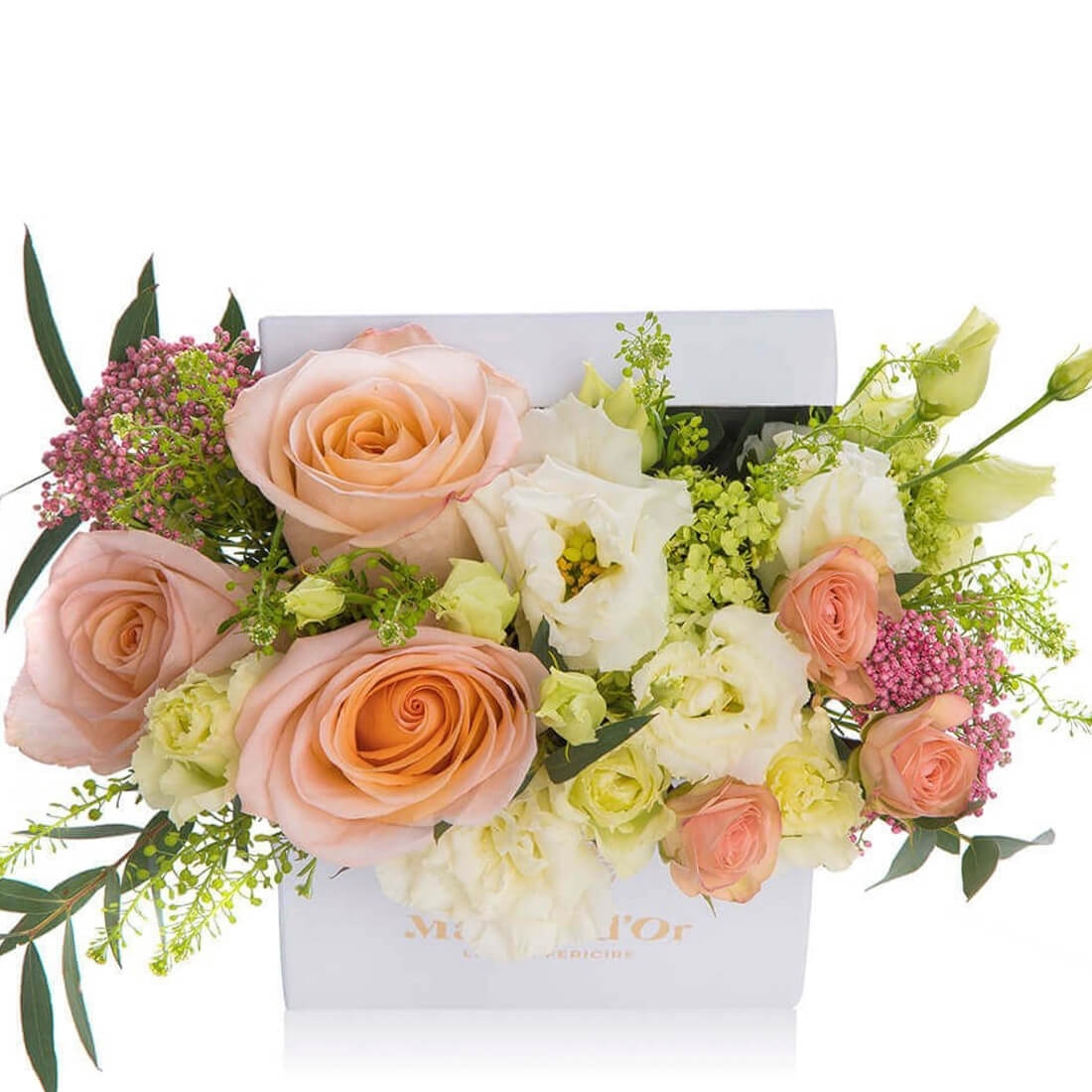 Cutie cu trandafiri si lisianthus crem - Lepidium|Minirosa|Trandafiri