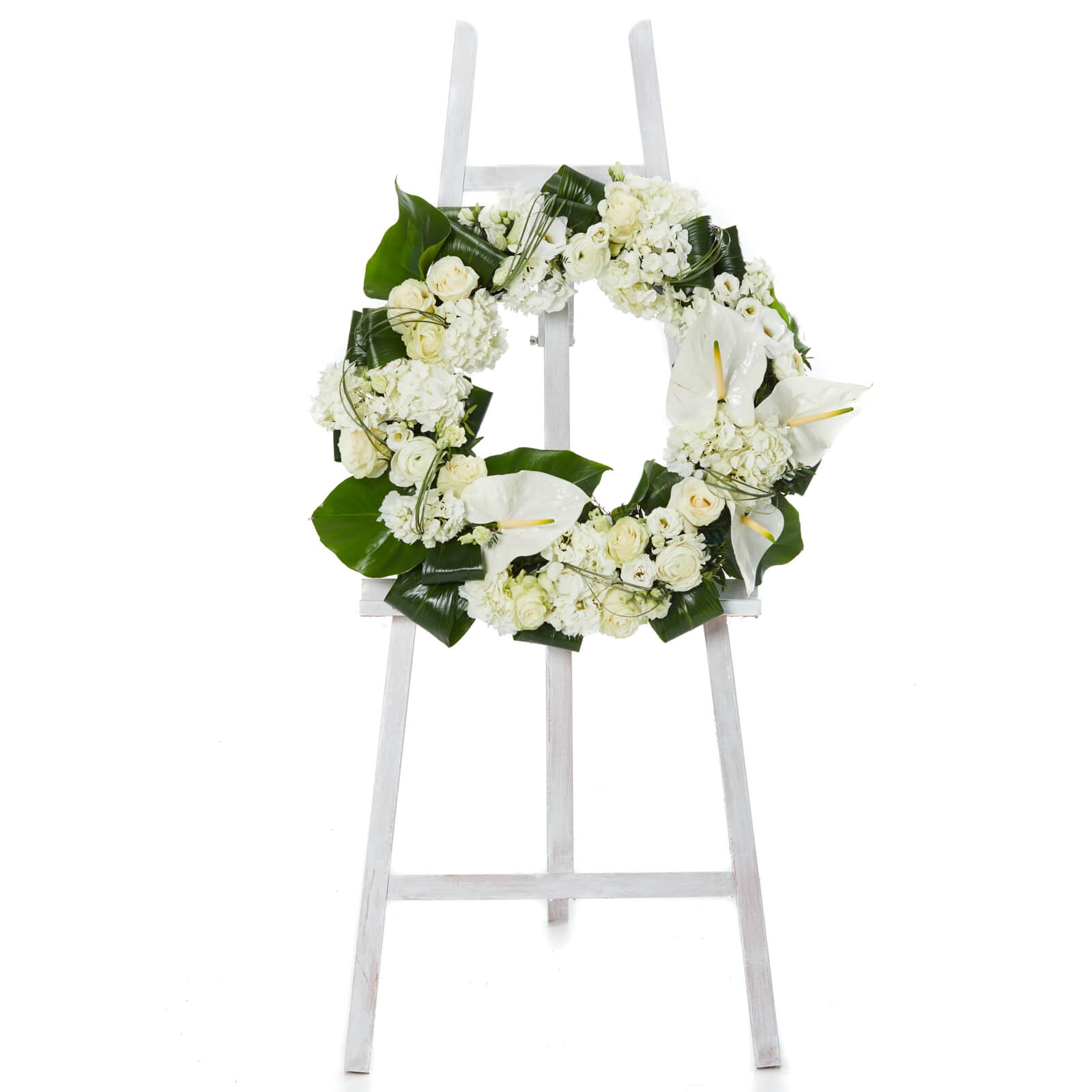Coroana funerara cu anthurium si trandafiri - Anthurium|Hortensie|Lisianthus|Trandafiri