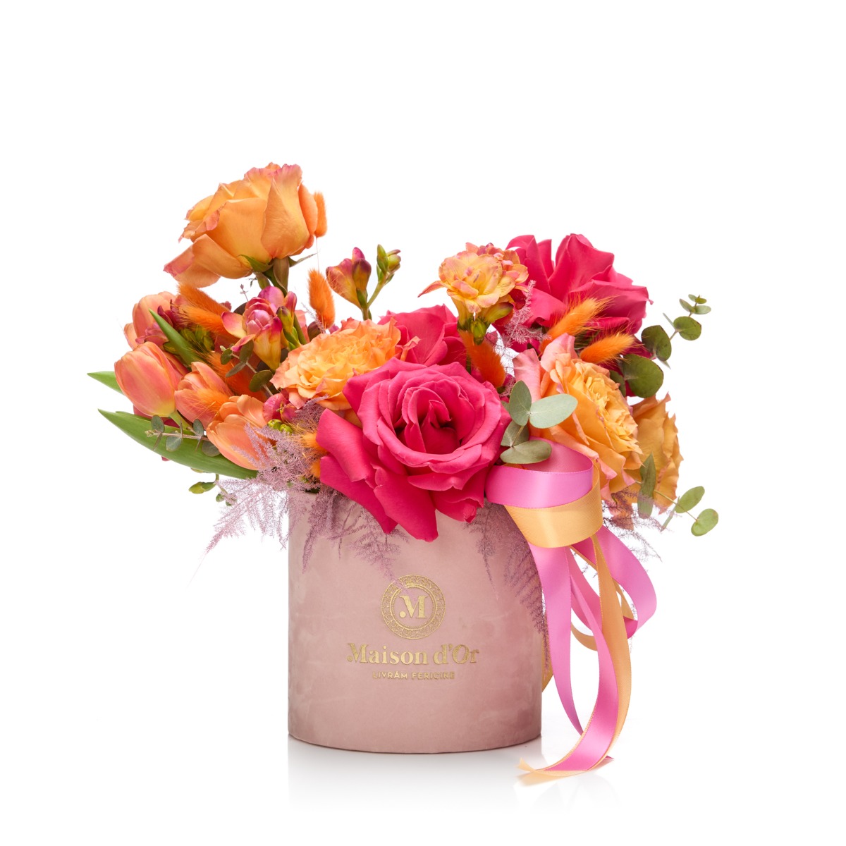 Aranjament floral Eclat de Bonheur - Cymbidium|Frezie|Lalea|Skimmia|Trandafiri|Vanda