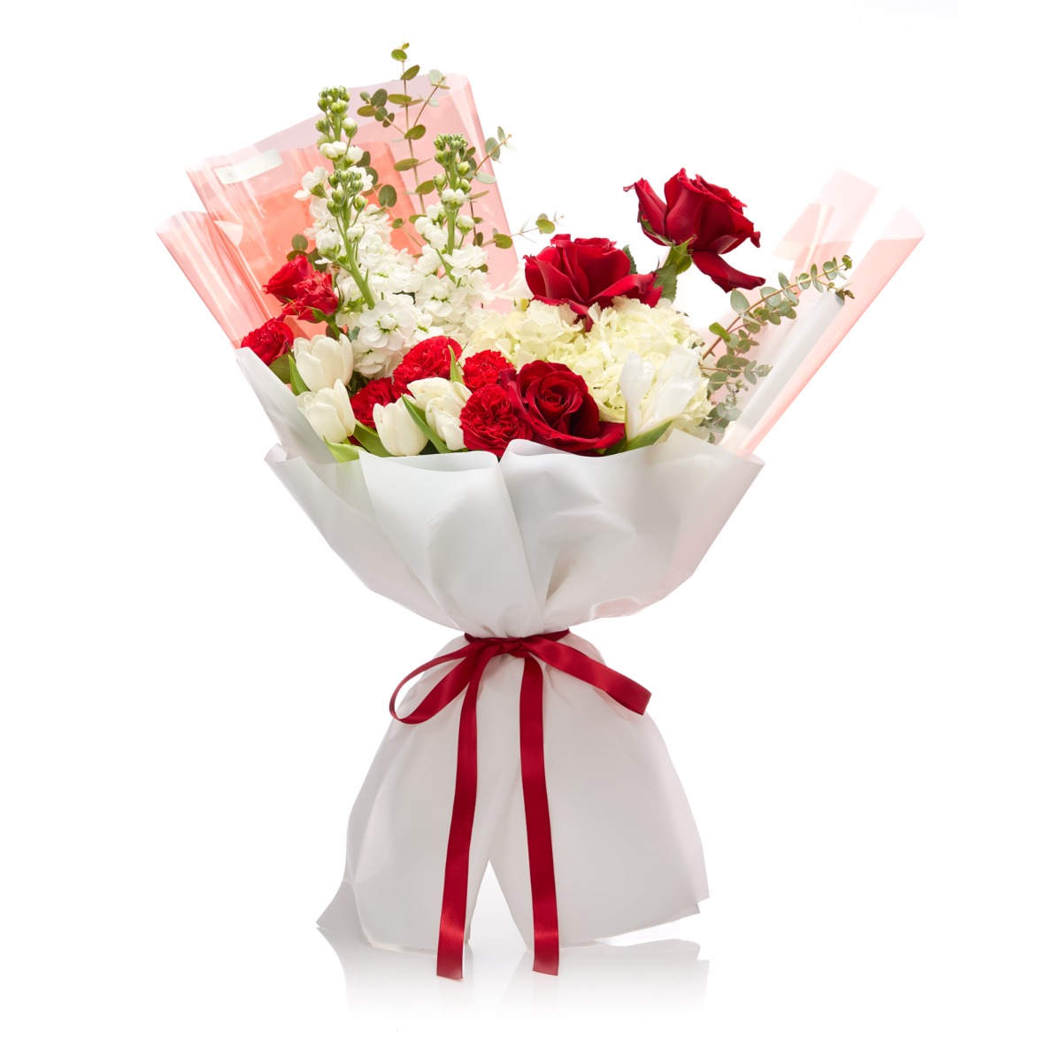Buchet floral Promesse d'Amour - Hortensie|Lalea|Matthiola|Minirosa|Trandafiri
