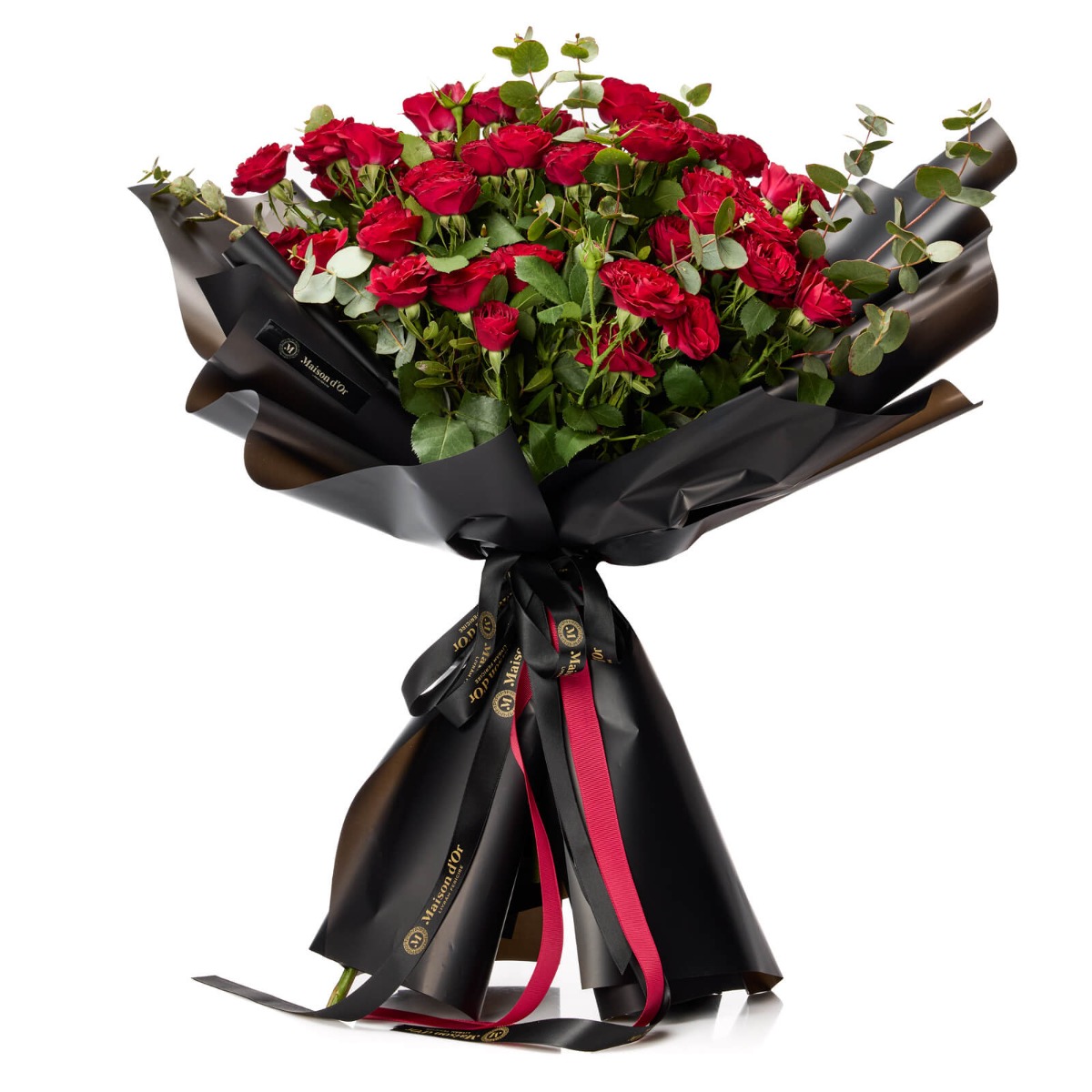 Buchet cu 9 minirosa garden rosie si eucalipt - Minirosa