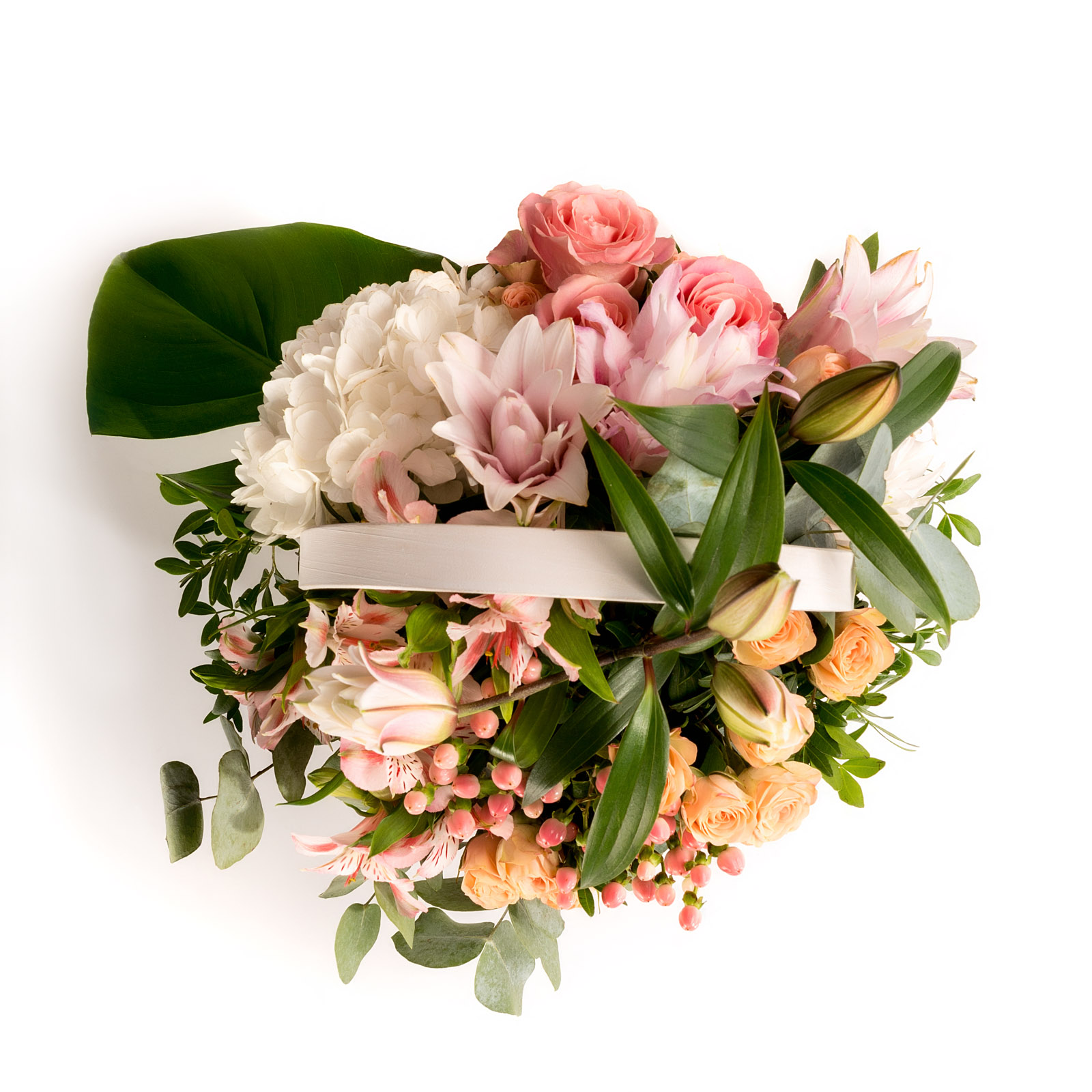 Aranjament floral in cos cu crin roz, minirosa si hortensie alba - Alstroemeria|Crin|Germini|Minirosa