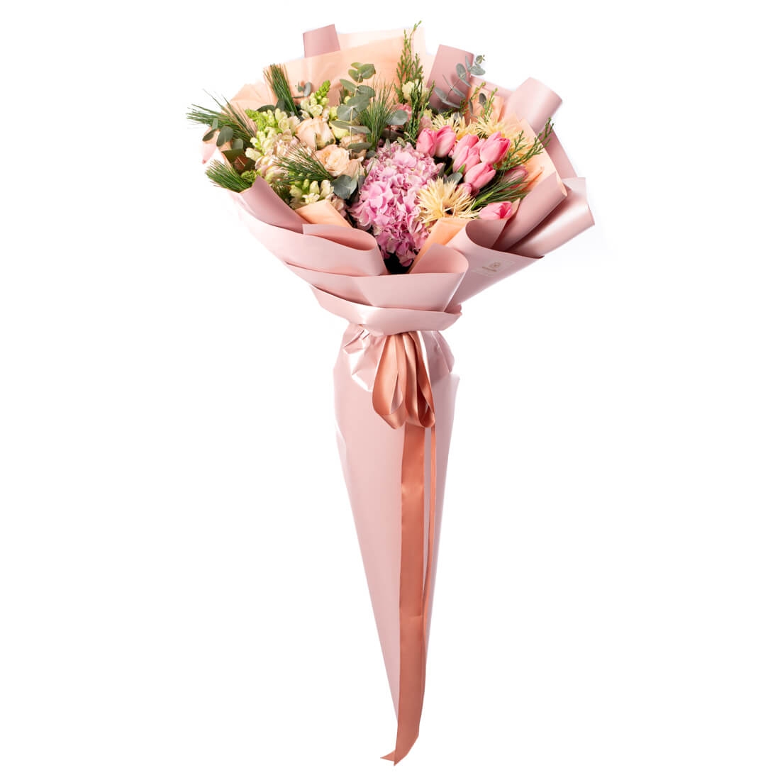 Buchet de flori cu lalele roz si antirrhinum - Germini|Hortensie|Lalea|Lisianthus|Trandafiri