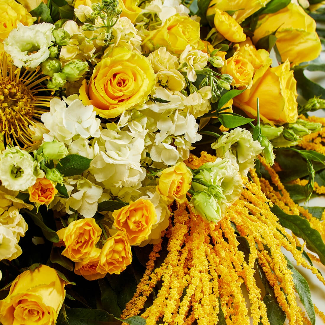Jerba funerara cu trandafir si hortensie - Hortensie|Lisianthus|Matthiola|Minirosa|Trandafiri