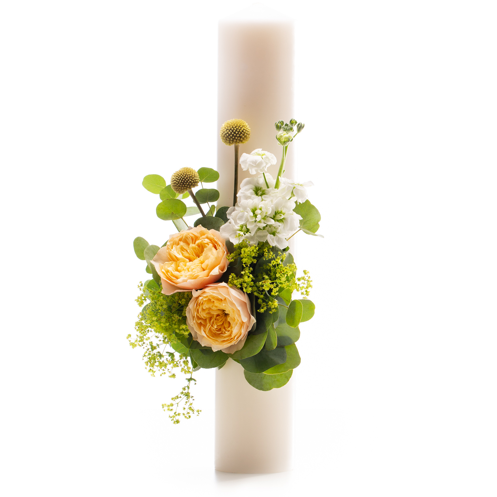 Lumanare Botez Trandafiri Vuvuzela Gold - Alchemilla|Craspedia|Matthiola|Trandafiri